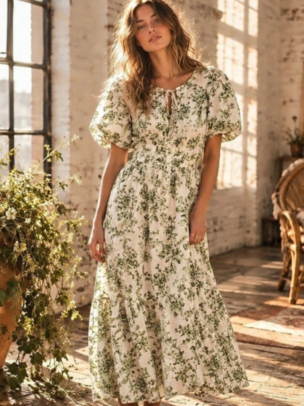 Lapogee Floral Maxi Dress in White & Green Size 2X Like New